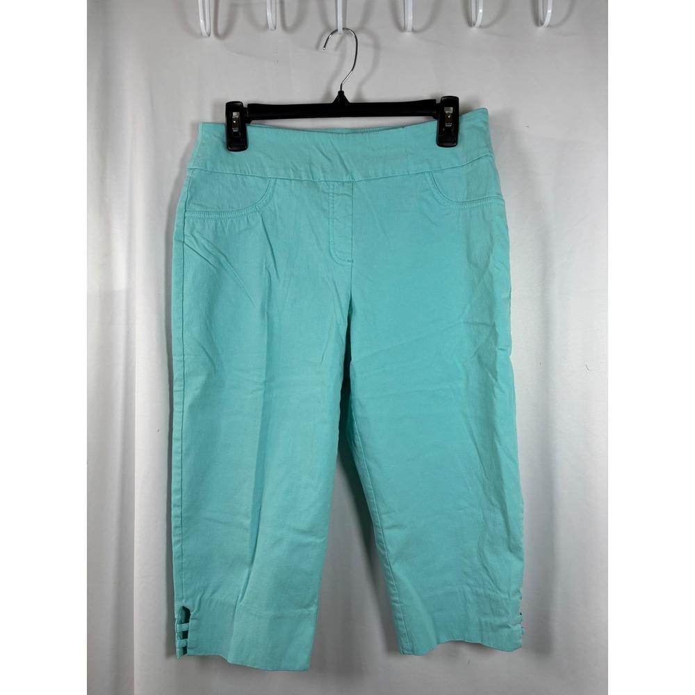 Ruby Rd Petite Aqua Turquoise Lattice Hem Pull On Capri Pants 12P 18315 FZ
